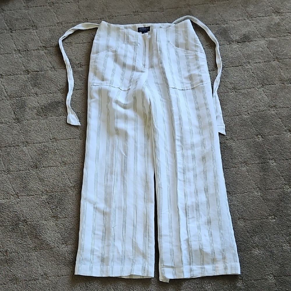 Ann Taylor Factory White and Lime Green Wide-Leg Linen Pants